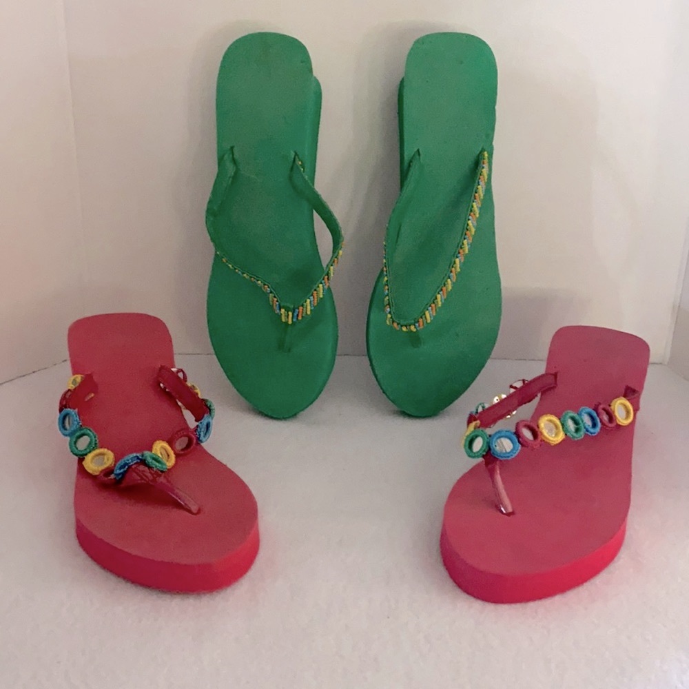 Two Pair Beaded Wedge Sandals Lime Green & Salmon Pink Toe Post Size M 7-8
